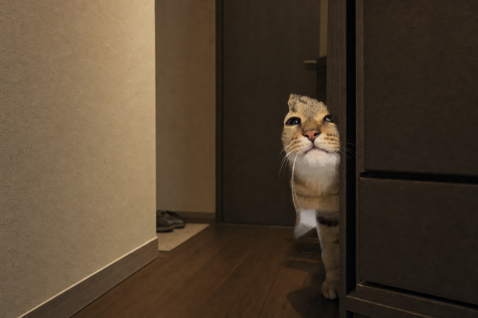 Peekaboo the tabby cat peeking out from behind a dark wooden cupboard in a dim hallway